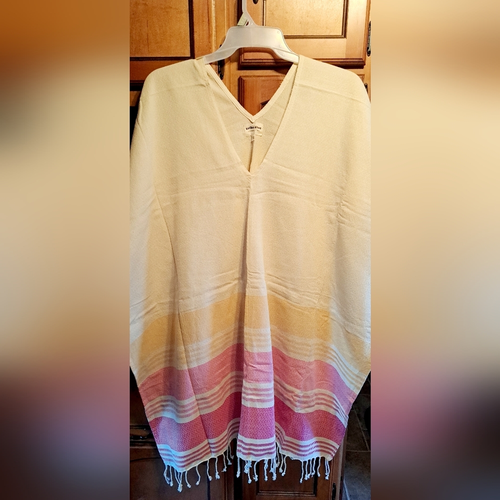 Ladies Tribe Alive 100% Cotton Ivory Beach Sunburst Kaftan Poncho Fringe One Sz